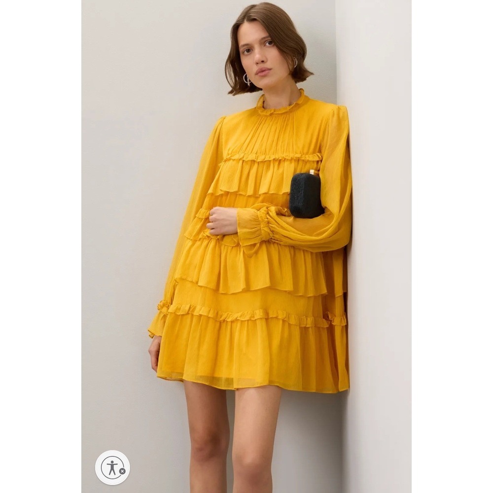 Adam Lippes Tiered Ruffle Dress Yellow Mini Mock Neck Long Sleeve Sz 6